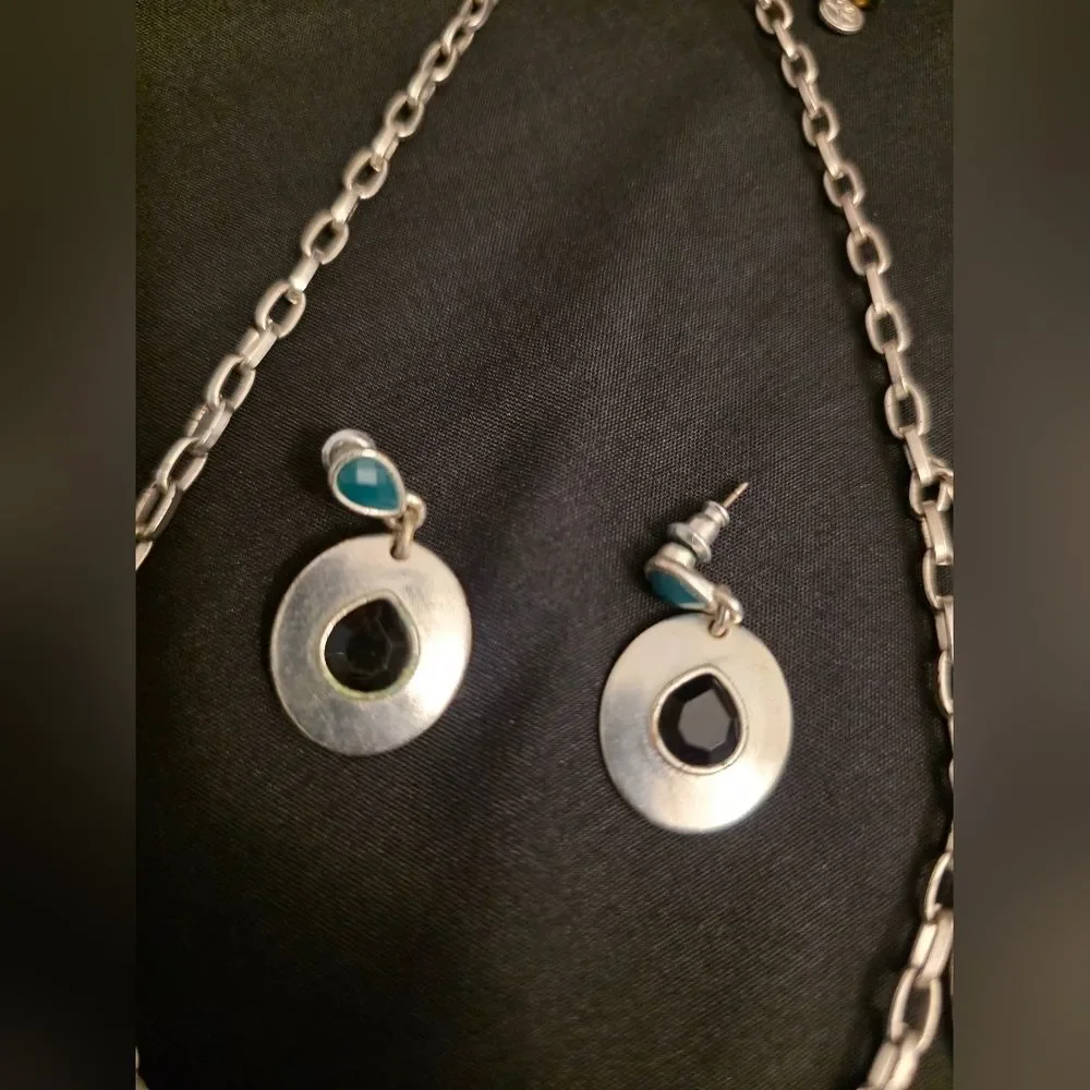 Silver-Tone Necklace and Matching Earring Set featuring striking teal and black